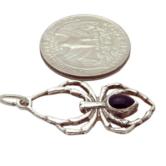 Vintage Sterling Silver Creepy Spider Black Onyx Pendant Halloween Charm 1960s - Picture 3 of 5